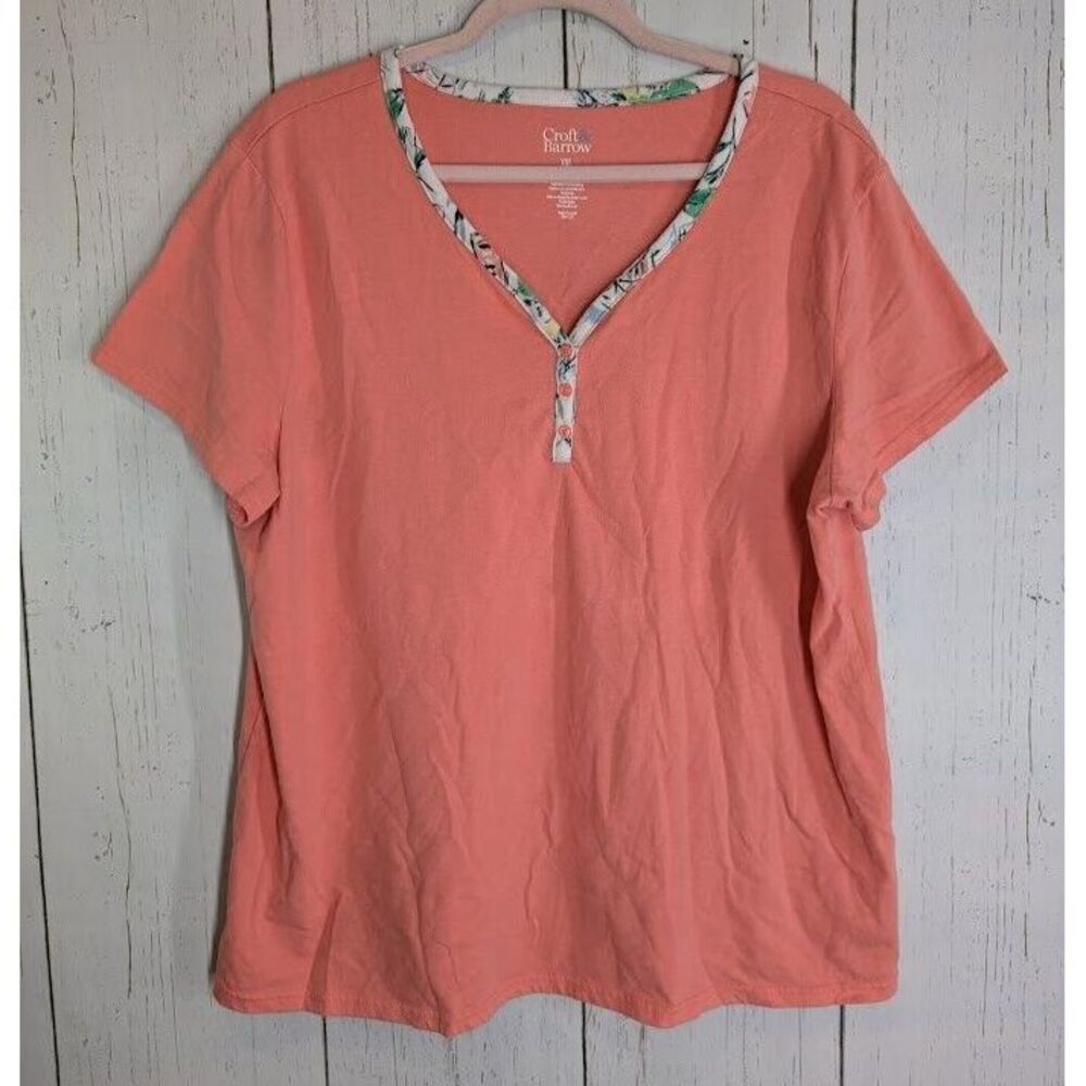Croft Barrow Size XXL Intimates‎ Orange Floral Trim V Neck Short Sleeve Top